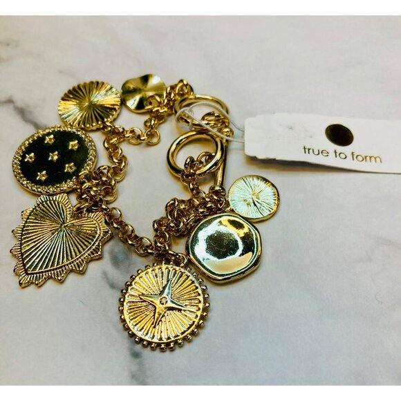 True to Form Gold Tone Charm Bracelet Sunburst & Heart Pendants -171 - Picture 4 of 4